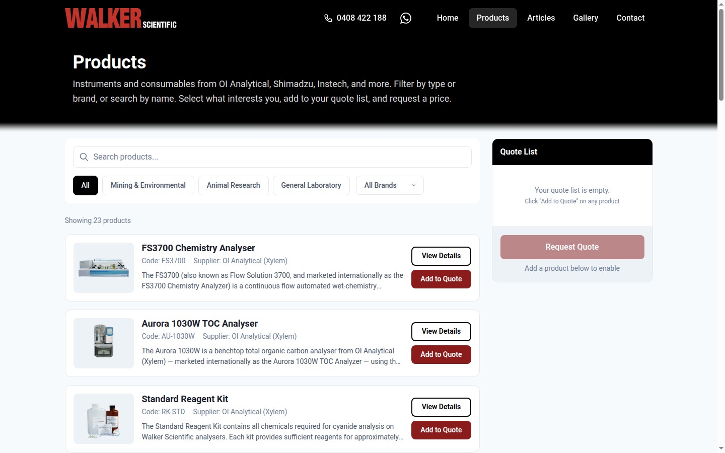 Walker Scientific products listing page